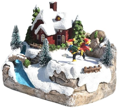 Gcroet Julby hus LED-lampor söt musik julhus med roterande skidåkning barn batteridrift och uppladdningsbar för barn vuxna, 16 x 10 x 14 cm