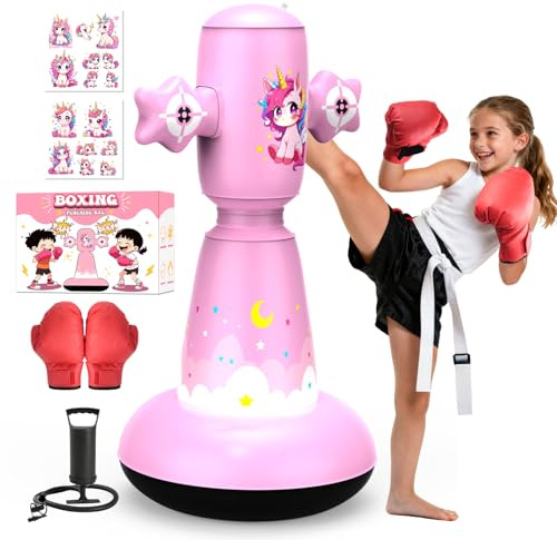 IMAYCC Boxningssäck barn stående med boxningshandskar 142 cm ultraförstärkt PVC uppblåsbar boxningssäck stående boxningssäck för barn, present för pojkar och flickor i åldern 3–9 år för karat