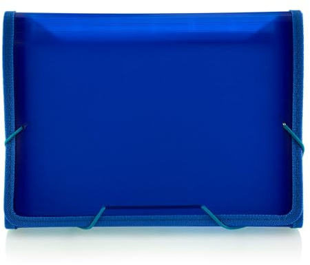 Office Box - Carpeta Clasificadora A5 con 12 Divisiones con Cierre de Gomas y Bordes Reforzados en Tela, Incluye 24 Etiquetas para personalizar e Identificador interior, 100% Reciclable. (Azul)
