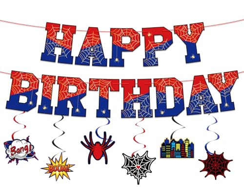 Kit de Décoration D'anniversaire Thème Araignées, Comprenant Toile D'araignée Pré-Assemblée Banderole Joyeux Anniversaire Étiquettes Spirales et Ficelles Idéal Baby Shower Garçon Fête D'enfants