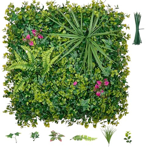 VEVOR Artificial Plant Wall, 16PCS 20 x 20 in Artificial Boxwood Panels, Greenery Backdrop Privacy Hedge Fence with Sun Protection, Fake Grass Wall Screen for Wedding, Indoor, Outdoor GardenMixed Leaf