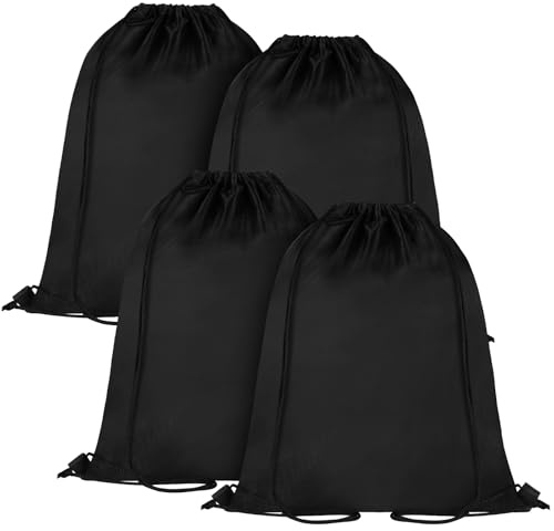 DiULi Bolsa de Cuerdas, Pack de 4 Bolsas de Deporte con Cordón, Mochila de Cordón Deportiva, Gimnasio Mochila de Cuerda Multiusos, Gym Sack Ligera Para Unisex Adulto y Infantil (Negro)