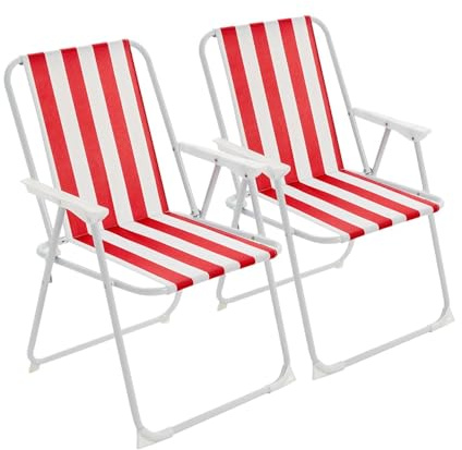 Harbour Housewares Klappbare Strand-Liegestühle - Rot gestreift - 2er-Pack - Metall-Terrassensitz für den Außenbereich, Leichter tragbarer Liegestuhl für Picknick, Garten, Camping, Angeln