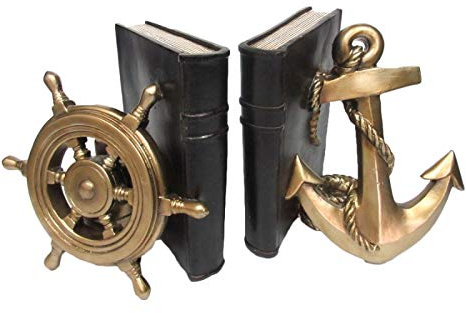 Pacific Giftware Rustic Nautical Ship Wheel and Anchor Decorative Bookends Set 7 Inch Tall