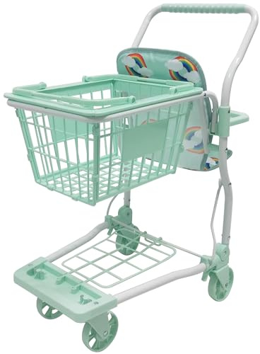 Roma Dolls Shopping Trolley for Kids Toys - 67cm Baby Doll Role Play Shopping Trolley with Removable Basket, Seat for Doll or Teddy, Lightweight Metal Frame, Swivel Wheels, Collapsible (Rupert Mint)