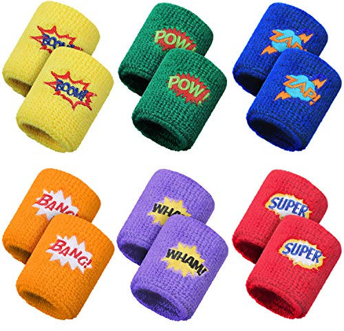 Gejoy 24 Stück Kinder Sport Armbänder Bunte Handgelenk Schweißbänder Baumwolle Frottee Armbänder mit Pow Zap Design für Sport Geburtstagsfeier Gefälligkeiten, 6 Stile