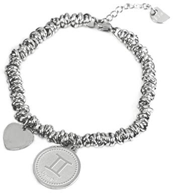 Flowers Bracciale in Acciaio a Maglia intrecciata Con Ciondolo Tondo Segno Zodiacale e Piccolo Ciondolo Cuore. Bracciale dello Zodiaco elegante spedito con sacchettino di Organza (Gemelli)