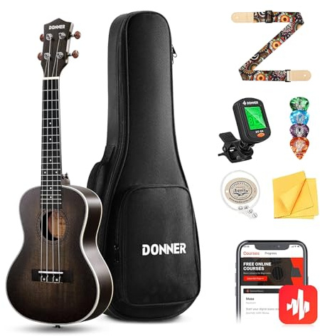 Donner Ukulele Concerto 23 pollici Mogano DUC-200D Scuro, kit Ukulele professionale per adulti principianti, con lezioni online, custodia, corde Aquila, plettro, accordatore, tracolla e panno