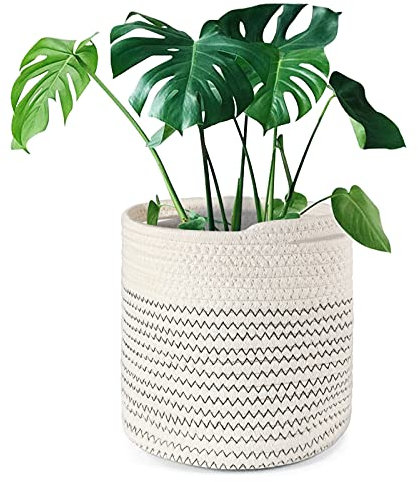tenn well 20cm Plant Pot with Liner, Cotton Indoor Planter Woven Storage Basket for Indoor Plants Flower Pot and Home Decoration (Black and White)