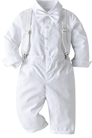 Baptism Christening Outfits for Boys Baby Clothes Sets Toddler Boy Outfit Gentleman Suits 3pcs Striped Bow Tie Shirts Suspenders Pants Birthday Formal Wedding Party Dress Suit # All White 3-4 Years