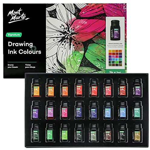 Mont Marte Lot de 24 couleurs d'encre à dessin 7 ml - Ensemble d'art avec couleurs d'encre vibrantes pour illustration, calligraphie, scrapbooking.