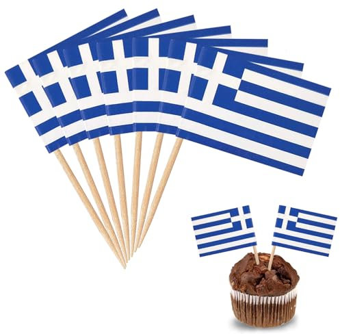 YXHZVON Griechenland Flagge Zahnstocher, 100 Stück Cocktail Stick Flaggen Mini-Flagge Cupcake Toppers Stick für Party Food Cake Obst Geschirr Party Pub Dekoration