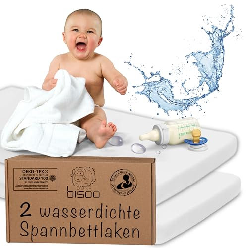 Bisoo 37x80 / 40x80 Spannbettlaken Kinderwagen - 2in1 Baby Wasserfester Matratzenschoner Spannbettlaken aus 100% Baumwolljersey Öko-Tex Zertifikat - Matratzenbezug Kinderwagen 2 Stück Set Weiß 80x40