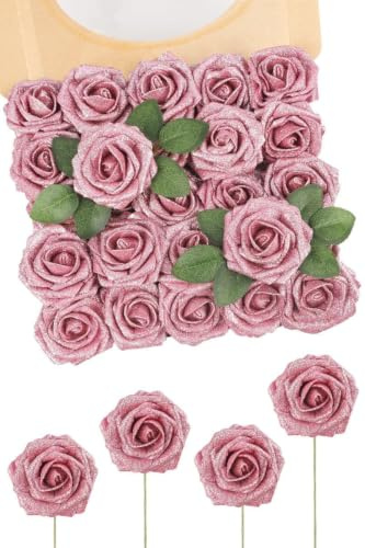 N&T NIETING Artificial Flowers Glitter Roses, 25pcs Fake Roses Pink Flowers | Foam Roses with Stems for Wedding Bouquets Centerpieces Arrangement Party Baby Shower and Home Decorations