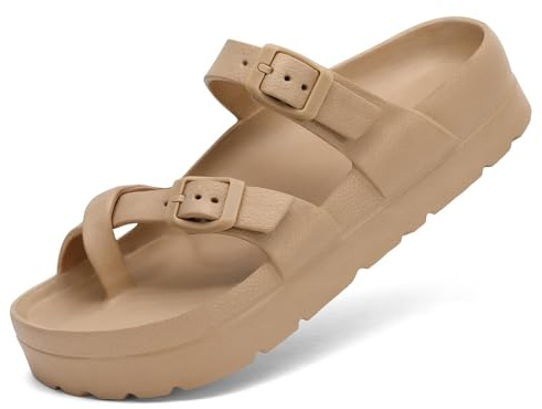 Waysoland Plattformssandaler för kvinnor med fotvalvstöd, bekväma glidskenor tjocka sulor, platta sandaler med justerbart spänne och ultrakudde, Brun, 38 EU