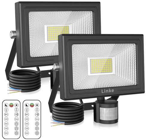 Linke 60W Security Lights Outdoor Motion Sensor, 5200LM PIR LED Floodlights 6500K Daylight White, IP66 Waterproof Outside Light Mains Powered Perfect for Garage Garden Porch Courtyard, 2 Pack