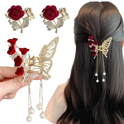 Ypkia 3 Stück Schmetterling Haarklammer Mittel mit Quaste Metall Klein Blume Haarspangen Damen für Frauen Mädchen Dünnes Haarschmuck