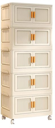 5 Tier Folding Storage Box,Stackable Storage Cabinet with Wheels,Stackable Storage Boxes with Lids and Front Opening Door,Kitchen Storage Containers Organizer,Cream