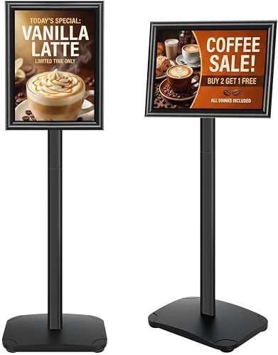 VAIIGO Sign Stand A4 Poster Display Stand with Heavy Duty Base, Floor Standing Sign Holder with Aluminum Snap Frame, Outdoor Welcome Signage - Menu Holder - Notice - Advertising Display Board, Black