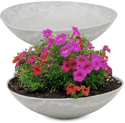 matches21 - Macetas para exteriores resistentes a la intemperie - 2 cuencos decorativos grandes en gris mármol como cuencos para flores - cuencos planos de jardín en 45 cm para flores, bonsái o