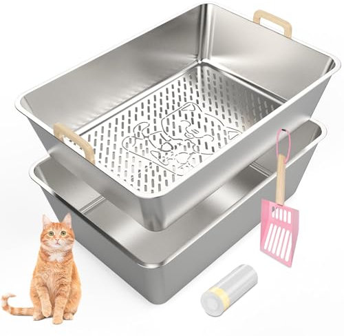 JDCQKHA 23.6''x16''x8'' Stainless Steel Sifting Cat Litter Box, XL Sifting Litter Box for Pine Pellets, High Sides Metal Litter Box System for Big Cats, Anti-Leakage, Easy Cleaning, Less Tracking
