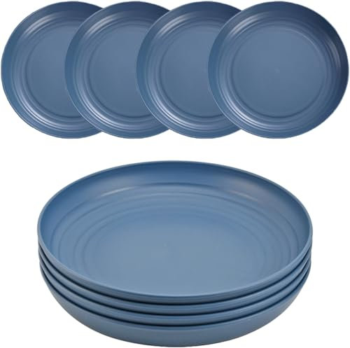 Platos de plástico reutilizables juego de 4 platos llanos irrompibles de 20 cm, platos ligeros de camping para picnic, ensalada, pasta, fiesta, hogar, oficina, lavavajillas y microondas (azul oscuro)