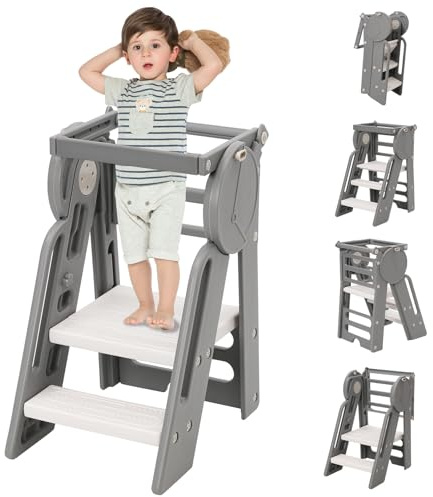 Learning Tower Foldable for Toddler,Kitchen Step Stool for Kids,Adjustable Height,Safety Bar,Learning Standing Tower,Bathroom Helper Montessori,Easy to Install,Grey