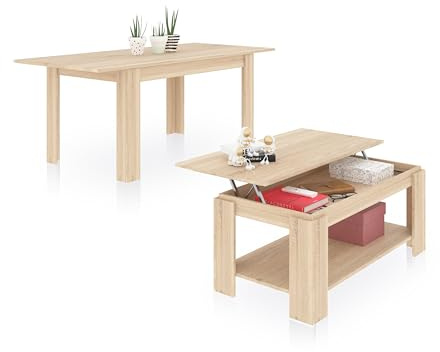 duehome | Pack de Mesa de Comedor y Mesa de Centro Elevable, Conjunto de Salon, Modelo Sira y LYA 140, Acabado en Roble Canadian