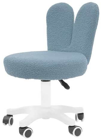 WooDerson Silla de maquillaje con ruedas, adorable forma de orejas de conejo, silla cosmética con forro polar, giratoria 360°, silla de escritorio en altura ajustable para dormitorio (azul)
