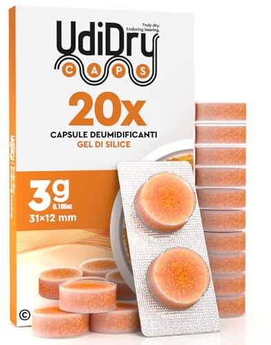 20 Capsule Deumidificanti per Apparecchi Acustici UdiDry Caps 31mm 3g con Indicatore di Colore - Capsule Essiccanti con Gel di Silice di Alta Qualità per Contenitori di Asciugatura