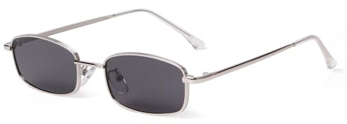 Laurinny Retro Narrow Rectangle Sunglasses for Women Men Vintage 90s Small Metal Frame Square Glasses(Silver/Grey)
