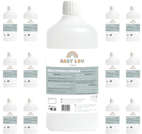 BABYLOU CARE | Fysiologisk lösning 12 x 1L flaska | 0,9 % NaCl | Tillverkad i Frankrike | Tvätta näshålorna | Näshygien | För utomhusbevattning