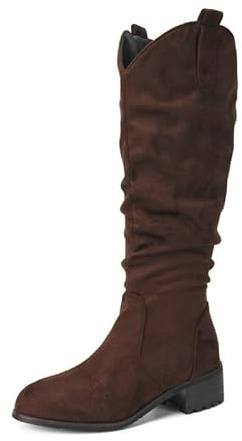 Stivali Western Alti Fino Al Ginocchio Da Donna, Eleganti Stivali Scamosciati Con Gambale Lungo Plissettati Stivali Alti Con Tacco Basso Cerniera Laterale Per L'autunno E L'inverno,Marrone,38 EU