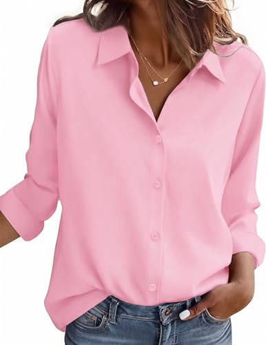 Zeagoo Camisas de Mujer Manga Larga Blusa Elegante Camisa Color SóLido Cuello en V Blusas Casual Shirts Blusas Basica Parte Superior Rosa S