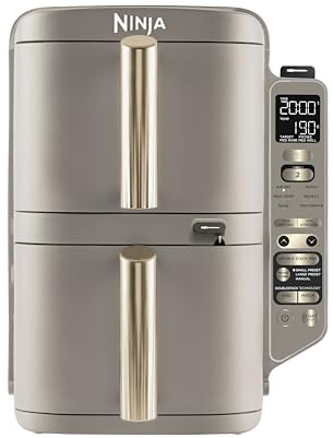 Ninja Double Stack extra stor airfryer med matlagningstermometer, airfryer med vertikala dubbla lådor med 4 tillagningsnivåer, 2 lådor & 2 galler, 9,5 l kapacitet, 6 funkt., stenguld SL451EUSD