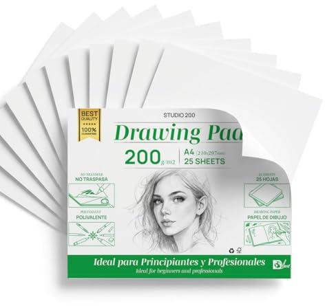 SIDI - Bloc de Dessin A4 Professionnel 200g/m², Papier Sketchbook, Papier Épais Sans Transfert, Pour Crayon, Feutres et Croquis, Surface Lisse, 25 Feuilles (STUDIO 200, 25 feuilles)
