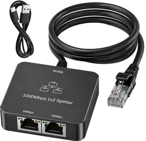 Divisor LAN 1 a 2 con cable Ethernet, 1000 Mbps, conmutador de red Gigabit LAN, conmutador de red Gigabit LAN, 2 puertos, adaptador RJ45 simultáneo, distribuidor LAN para PC, TV, router, gaming, PS5
