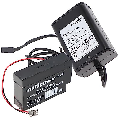 AccuCell Neu Ladegerät inkl. 1 Bleigel Akku mit Kabel und Molex Stecker schwarz passend für Multipower Blei Akku MP0.8-12H Heim und Haus ALCS 2-24A Automatik Batterieladegerät mit Erhaltungsladung