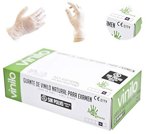 Caja 100 Guantes Vinilo Desechables Talla XL Transparentes (50 pares) Sin Polvo AQL 1-5 CE