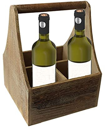 Wrenbury 4 Bottle Carrier Carrying Basket Oak Effect Wooden - Beer Carrier Basket - Holds up to 4 Wine Bottles, Milk Bottles, Beer Cans - Great as a Sauce Caddy for Barbecues and Picnics