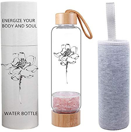 AITELEI Bambus Wellness Kristall Elixier infundiert Edelstein Wasserflasche, Naturedelstein Kristall Wasserflasche Quarz Kies Edelstein Heilglas, Energie Elixier Wasserflasche 400ML