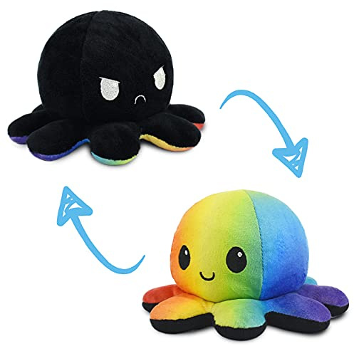 TeeTurtle Reversible Octopus Plushie 4-Inch Black + Rainbow Two-Sided Flip Plush Toy with Embroidered Details - Cute Mini Collectible Plush for Kids, Teens, and Adults