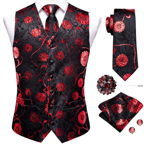 Hi-Tie Black Red Waistcoat Men Silk 5PCS Waistcoat Necktie Pocket Square Cufflinks Lapel Pin Formal Wedding Tuxedo