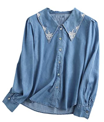 UIOKLMJH Chemisier en Jean Brodé pour Femme Printemps Été Décontracté Lâche Élégant Bureau Porter