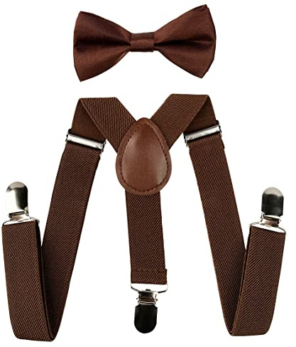 SEVENHEAD Brown Child Kids Suspenders Bowtie Set Adjustable Suspender Set Elastic Y-Back Design with Strong Metal Clips for Boys and Girls