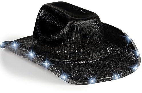 LEEMASING Unisex Cowboyhut mit blinkender LED-Krempe, lustig, beleuchtet, für Hochzeit, Abschlussball, Geburtstag, Party, Halloween, Weihnachten, Cosplay (Schwarz)