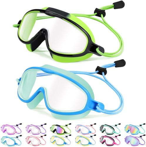 Vvinca 2 Pack Kids Goggles with Bungee Strap Wide View Anti Fog UV No Leak Swimming Mask Pool Goggle for 3-10 Toddlers Girls Boys