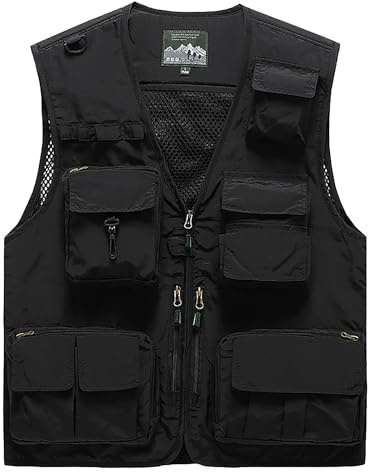 Wirltte Mens Vests Cargo Outdoor Work Safari Hunting Fishing Travel Photo Mesh Waistcoat Vest Gilet Multi Pockets Black XXL