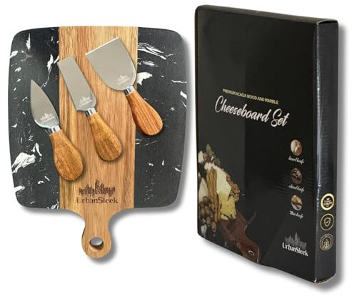 UrbanSleek. Tabla de cortar Quesos y Charcutería con cubiertos, material: madera de acacia antibacterial, mármol cultivado, acero inoxidable. Set completo en una Caja de Regalo Elegante