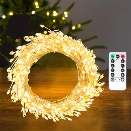 PCORES Fairy Lights Plug in, 20FT 200LED Firecracker String Lights Waterproof Silver Wire, for Bedroom/DIY/Party/Garden/Porch/Patio/Backyard/Christmas Tree, with Remote Timer & 8 Modes, Warm White